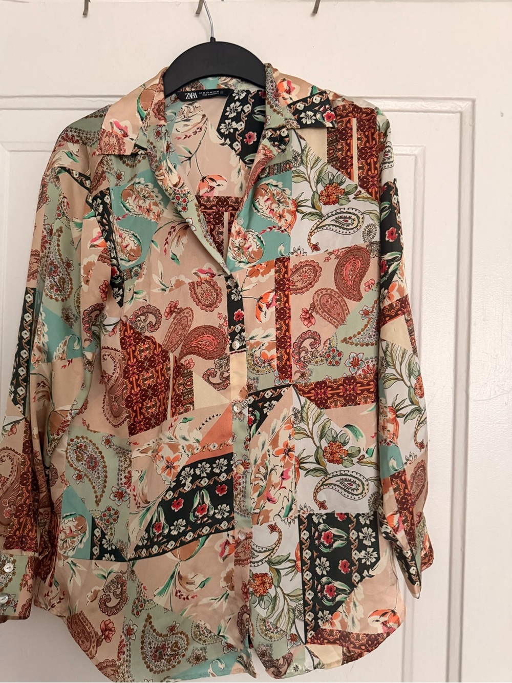 Zara Patchwork Paisley Button-Down Shirt in Mint, Cream & Rust